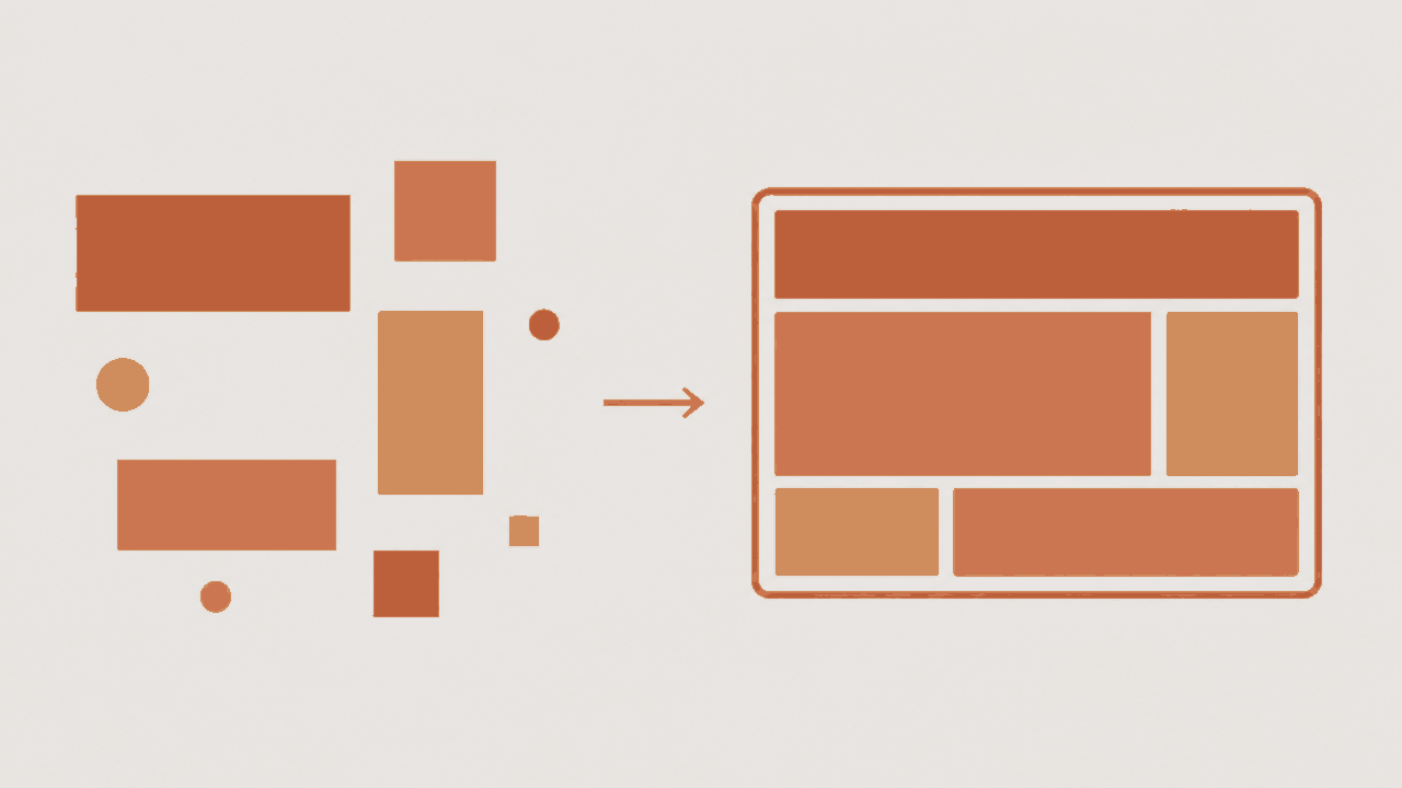 Loose blocks on the left resolving into an assembled screen layout on the right